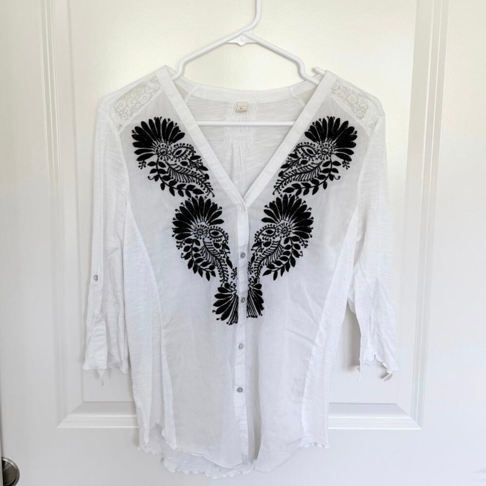 Anthropologie TINY Cotton Silk Embroidered Button Front Blouse White Black Large